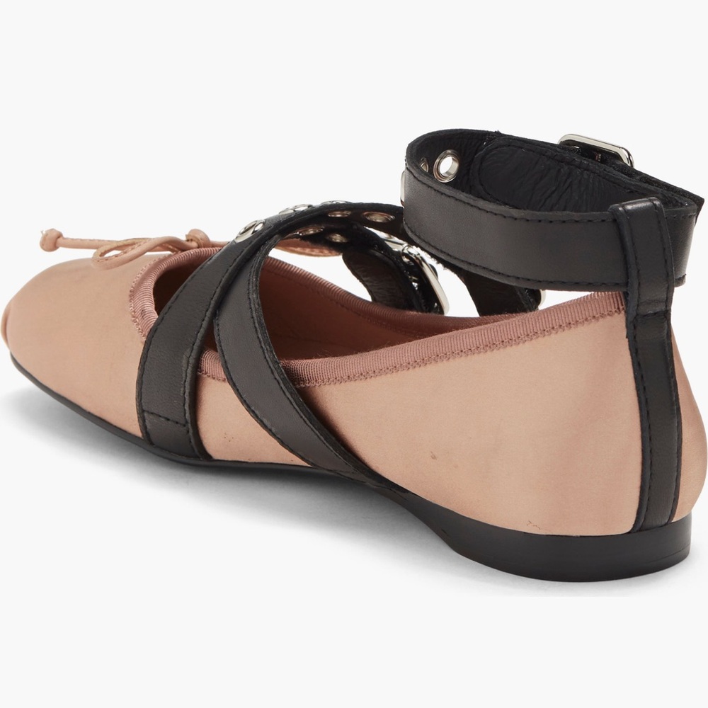 Jeffrey Campbell Choreo ballet flats in pink satin with black buckled straps. - Picture 5 of 16
